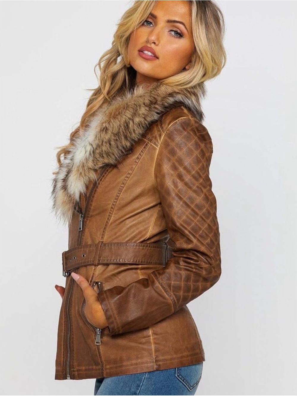 Scully Tan Brown Leather Jacket with Faux Fur Collar